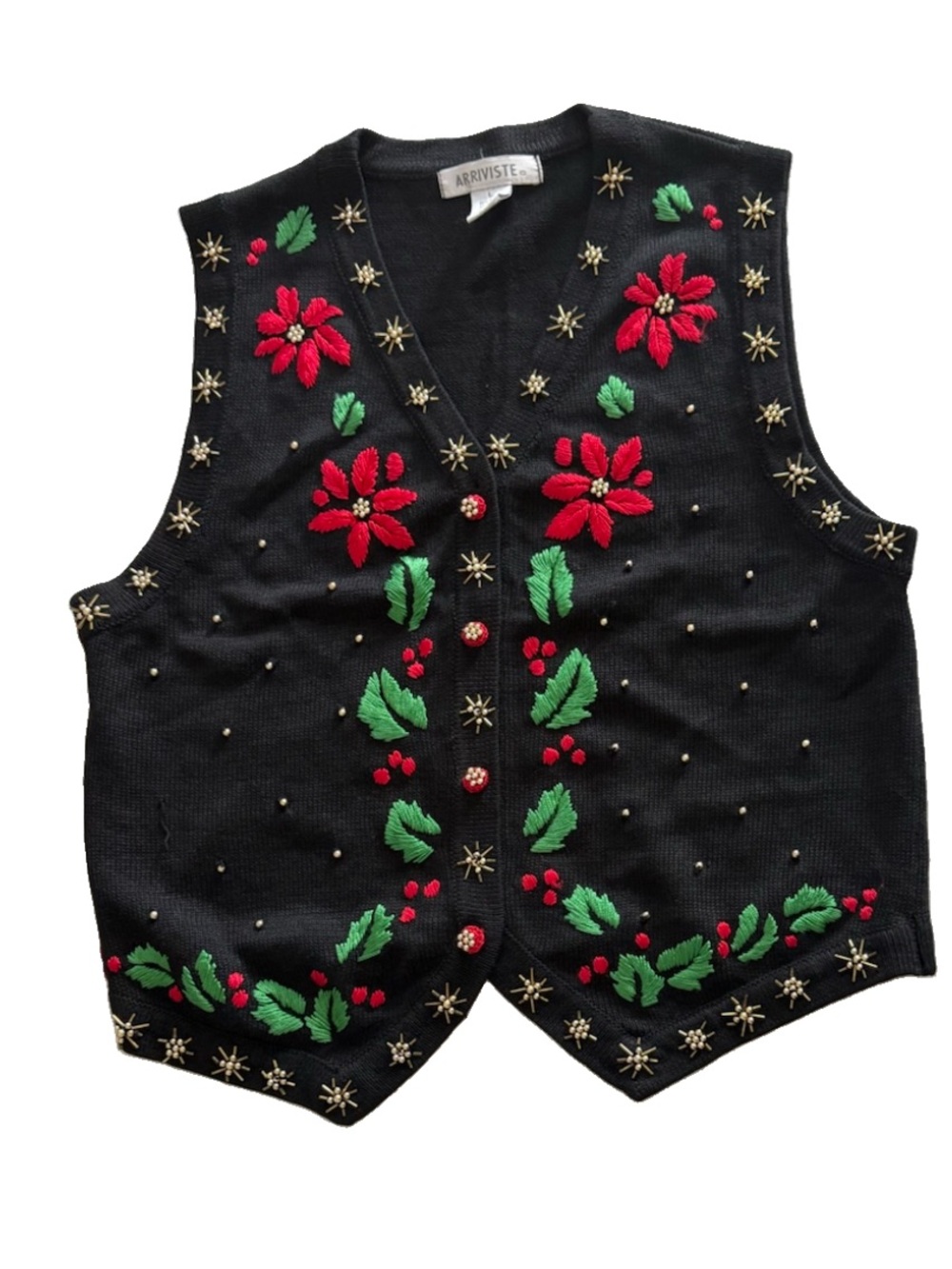 Ugly Christmas Sweater Vest Black Red Embroidered Poinsettia Holly Knit Vintage